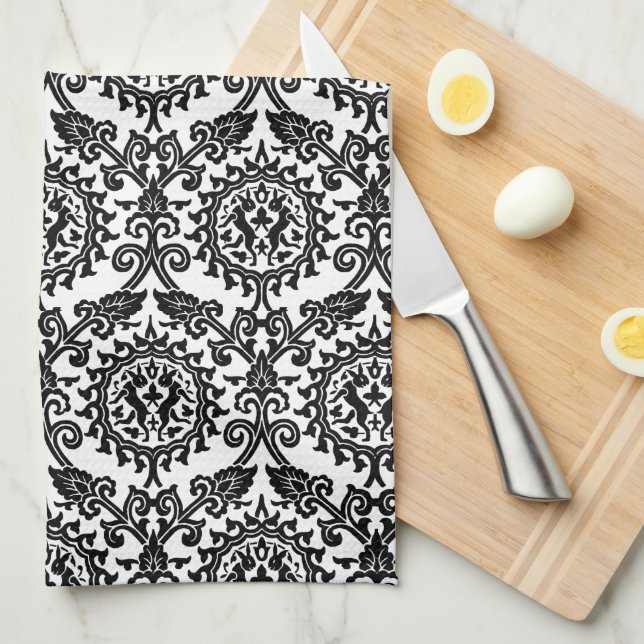 Black and White Damask Hare Pattern  Kitchen Towel (Quarter Fold)