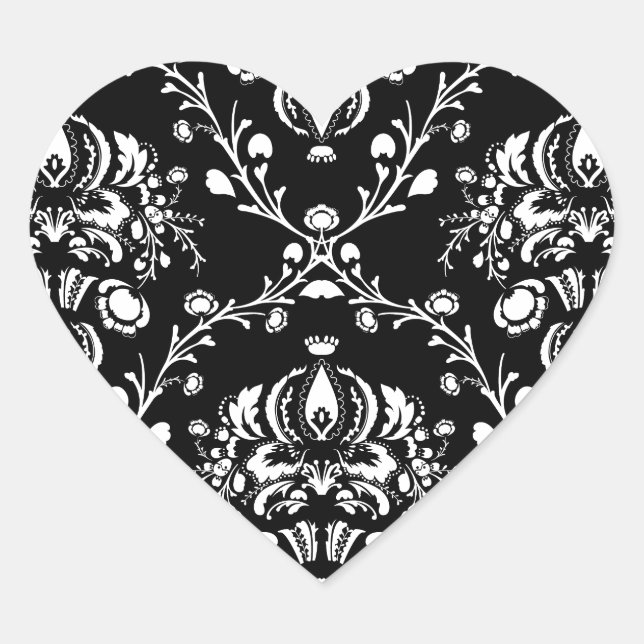 Black and White Damask Heart Sticker (Front)