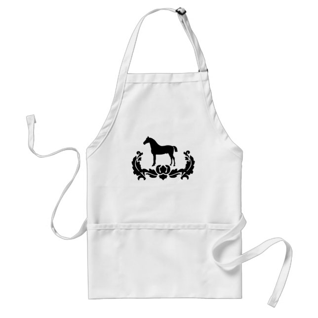 Black and White Damask Horse Adult Apron (Front)