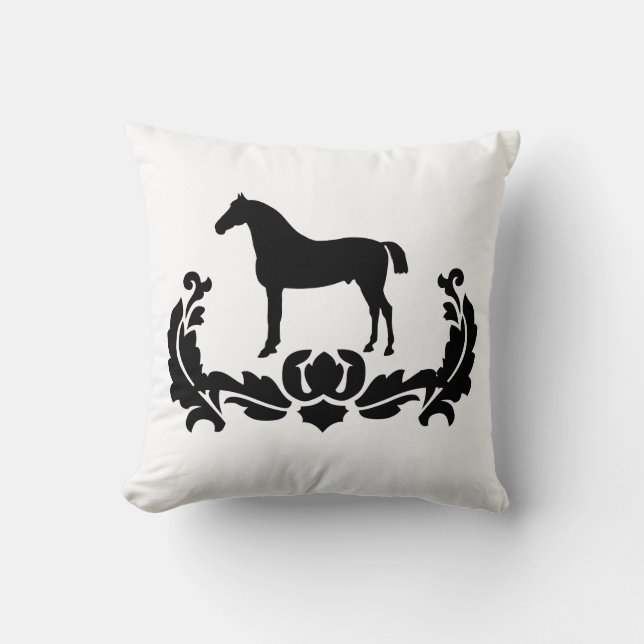 Black and White Damask Horse Throw Pillow (Front)
