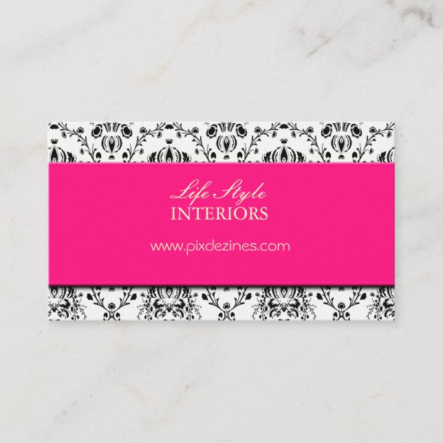 Black and White Damask/Hot Pink Accent Business Card (Front)