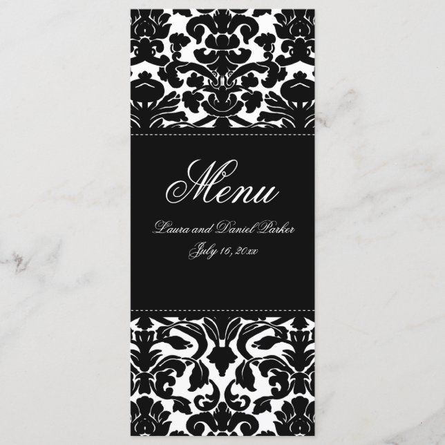 Black and White Damask Linen Wedding Menu Card (Front)