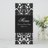 Black and White Damask Linen Wedding Menu Card (Standing Front)