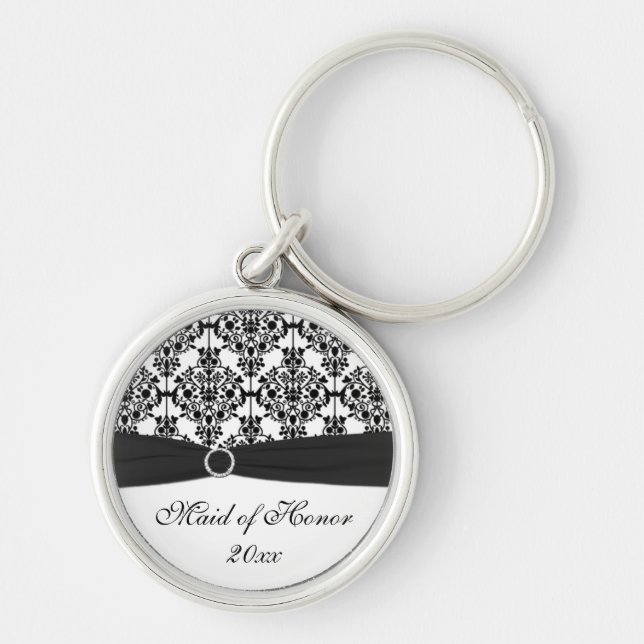 Black and White Damask Maid of Honor Keychain (Front)