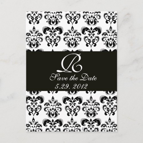 BLACK AND WHITE DAMASK MONOGRAM ANNOUNCEMENT POSTCARD