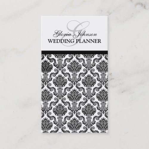 Black and White Damask Monogram Business Card