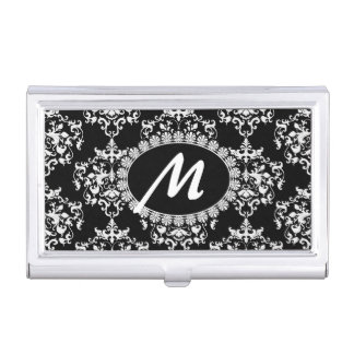 Black and White Damask Monogram Business Card Case