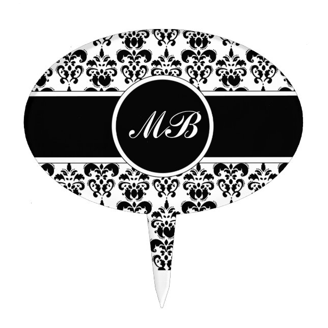 black and white damask monogram cake topper (Front)