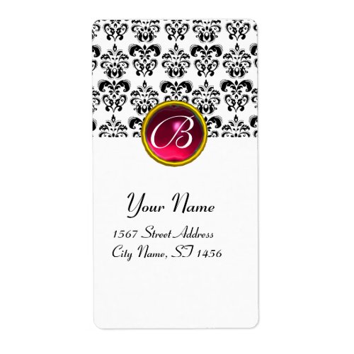 BLACK AND WHITE DAMASK MONOGRAM Red Pink Ruby Label