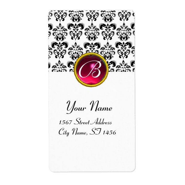 BLACK AND WHITE DAMASK MONOGRAM, Red Pink Ruby Label (Front)