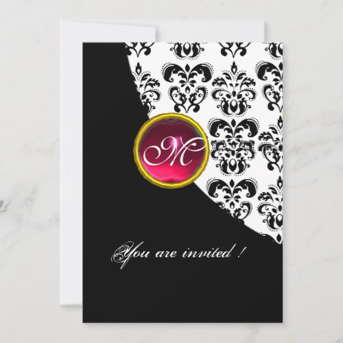 BLACK AND WHITE DAMASK MONOGRAMred rubyfuchsia Invitation