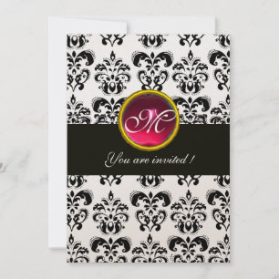 BLACK AND WHITE DAMASK MONOGRAM,red ruby,fuchsia Invitation