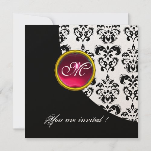 BLACK AND WHITE DAMASK MONOGRAMred rubygold Invitation