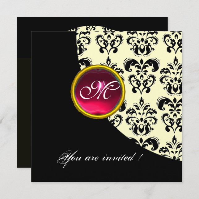 BLACK AND WHITE DAMASK MONOGRAM,red ruby,silver Invitation (Front/Back)
