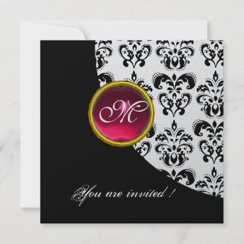 BLACK AND WHITE DAMASK MONOGRAMred rubysilver Invitation