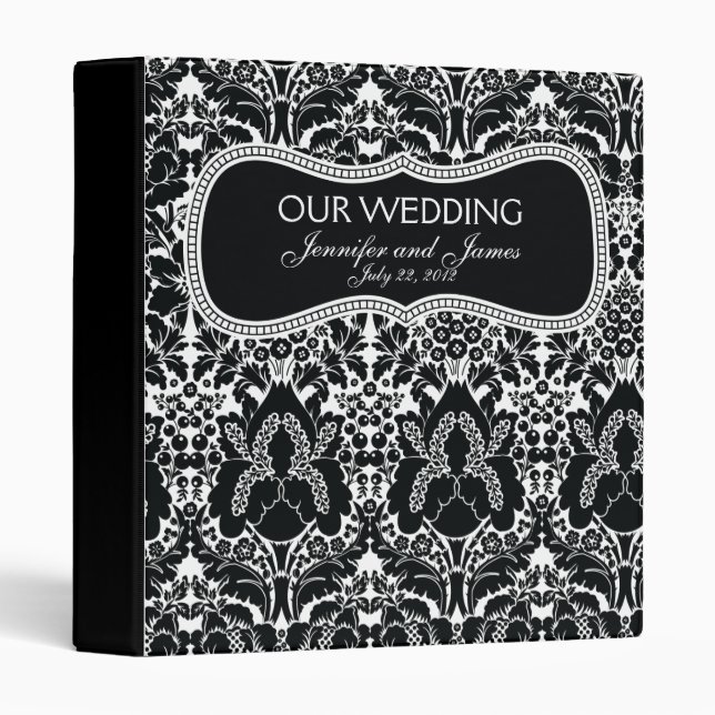 Black and White Damask Monogram Wedding Planner 3 Ring Binder (Front/Spine)