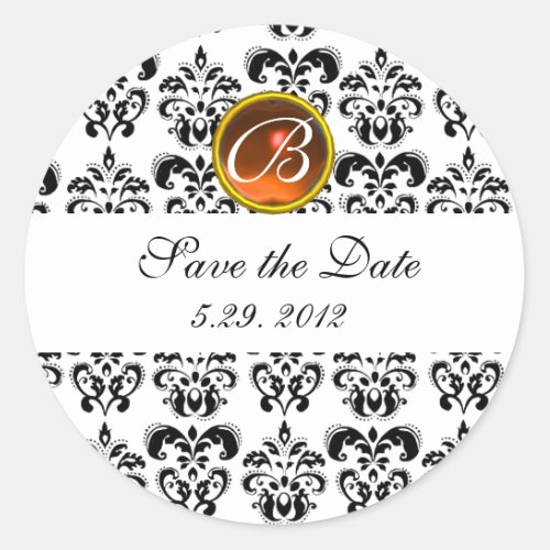 BLACK AND WHITE DAMASK MONOGRAM yellow agate Classic Round Sticker