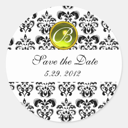 BLACK AND WHITE DAMASK MONOGRAM yellow topaz Classic Round Sticker