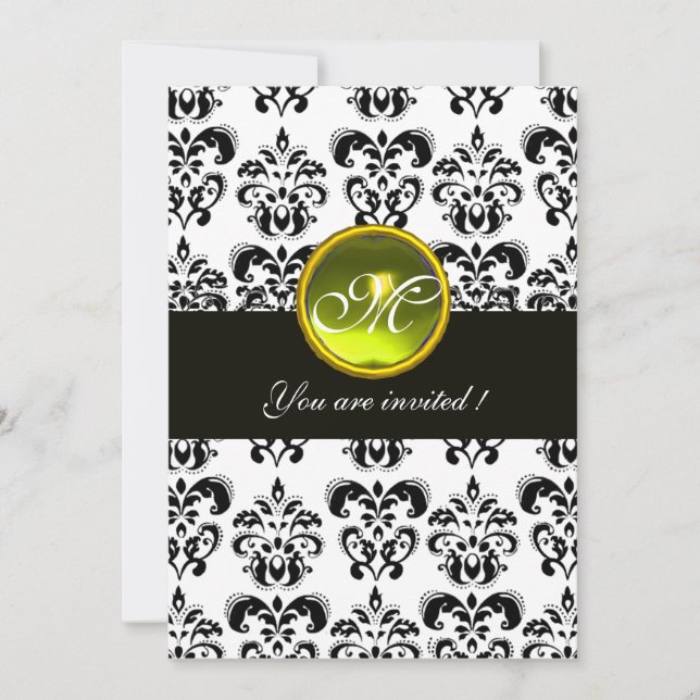 BLACK  AND WHITE DAMASK MONOGRAM, yellow topaz Invitation (Front)
