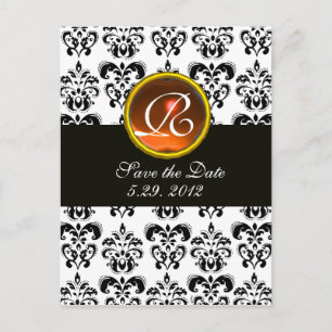 BLACK AND WHITE DAMASK Orange Agate Monogram Announcement Postcard