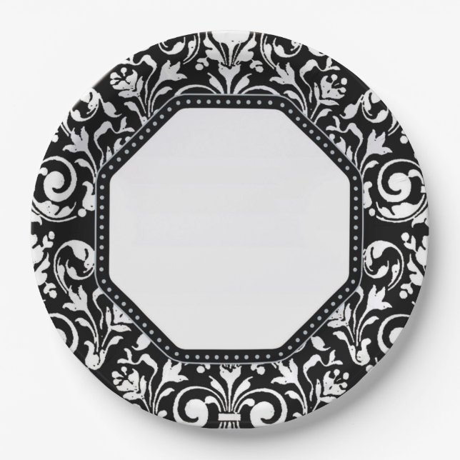 Black and White Damask Paper Plates (Front)