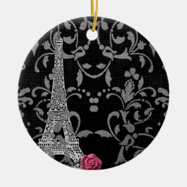 Black and White Damask Parisian Design Ceramic Ornament (Front)