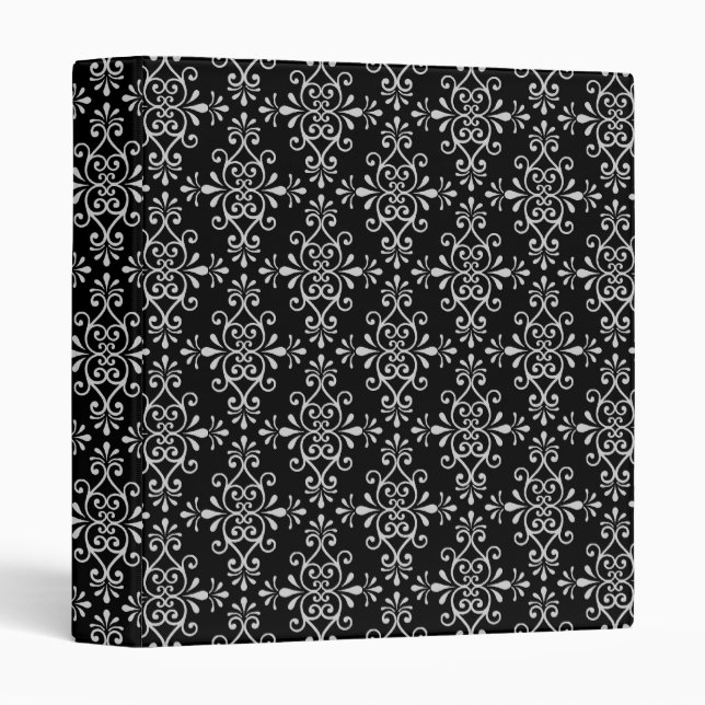 Black and White Damask Pattern 3 Ring Binder (Front/Spine)
