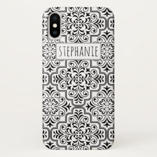 Black and white damask pattern and name iPhone x case