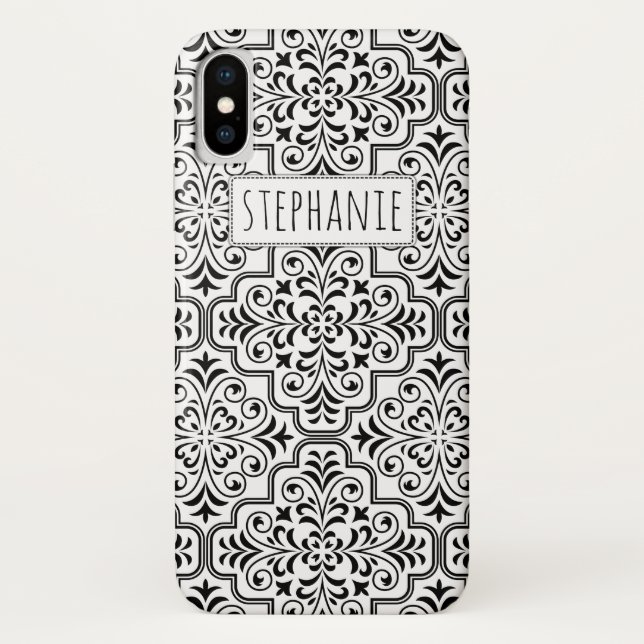 Black and white damask pattern and name Case-Mate iPhone case (Back)