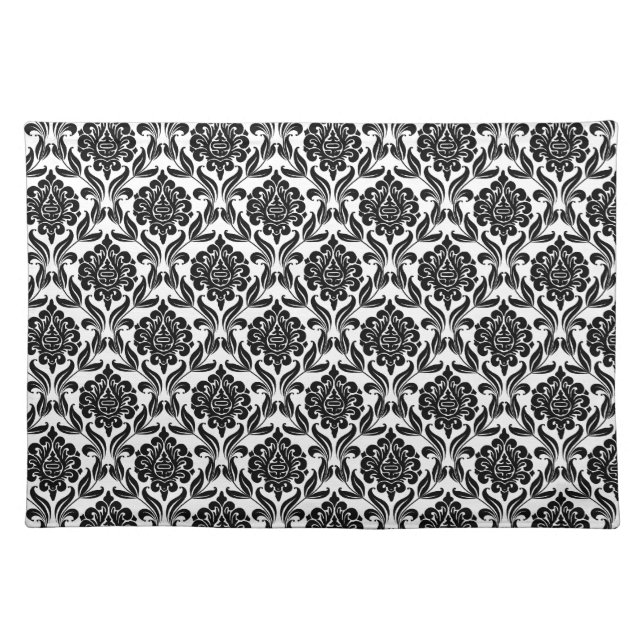 Black and White Damask Pattern Cloth Placemat (Front)