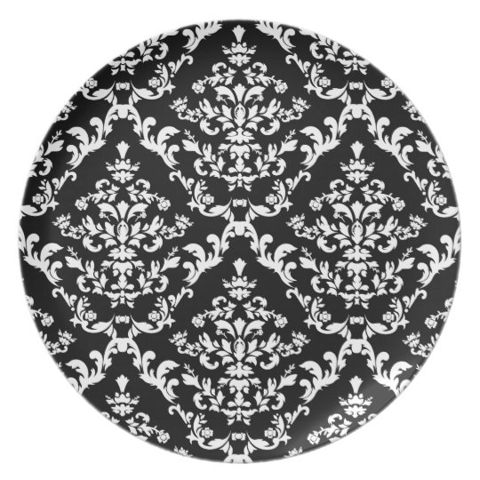Black and White Damask Pattern Dinner Plate