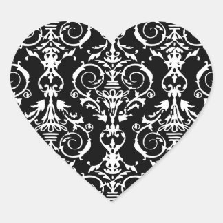 Black and White Damask Pattern Heart Sticker
