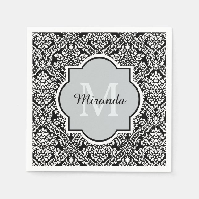 Black and White Damask Pattern Monogram and Name Napkins (Front)