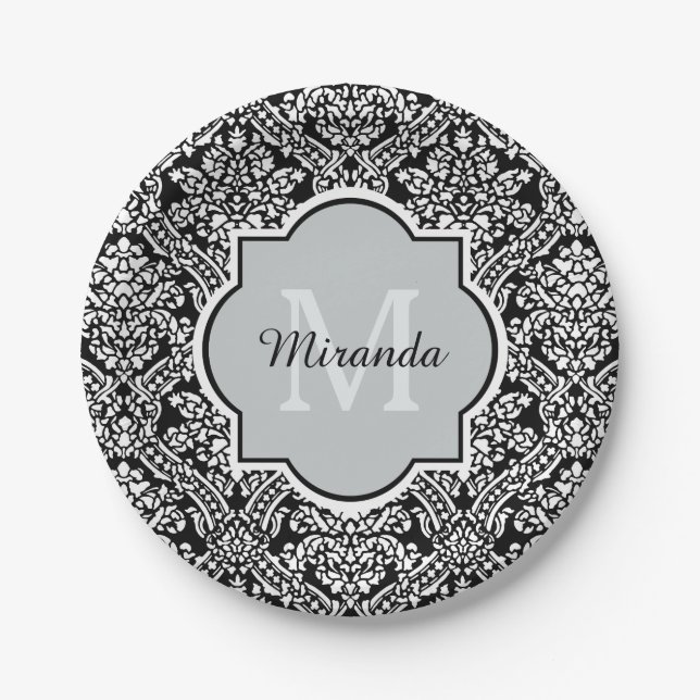 Black and White Damask Pattern Monogram and Name Paper Plates (Front)