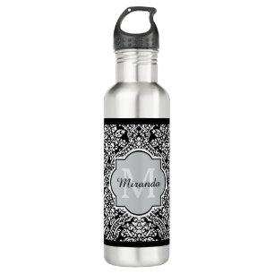 Black and White Damask Pattern Monogram and Name Water Bottle