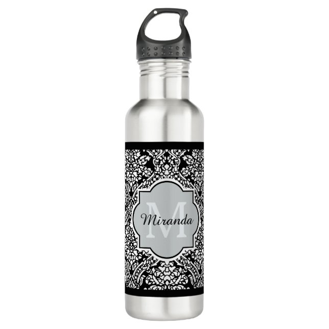 Black and White Damask Pattern Monogram and Name Water Bottle (Front)
