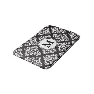 Black and White Damask Pattern Monogram Bathroom Mat