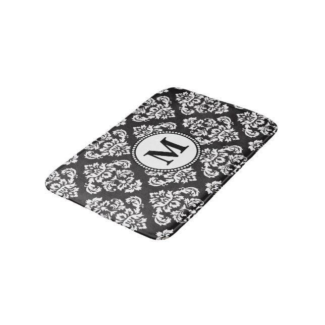 Black and White Damask Pattern Monogram Bathroom Mat (Angled)