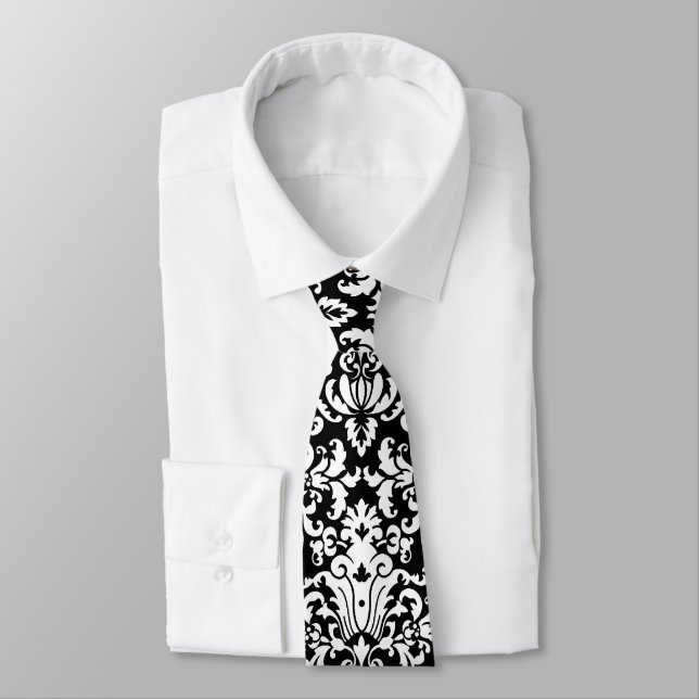 Black and White Damask Pattern Neck Tie (Tied)