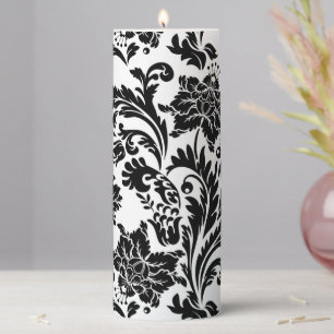 Black and white damask pattern pillar candle