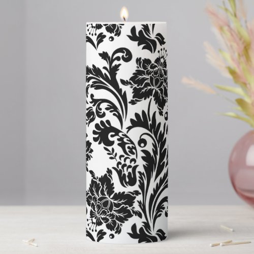 Black and white damask pattern pillar candle 