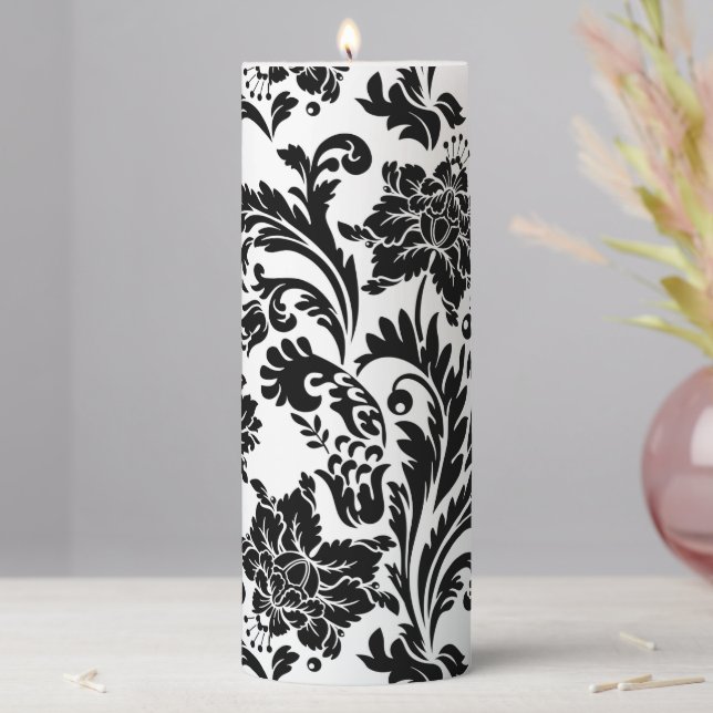 Black and white damask pattern pillar candle  (In Situ)