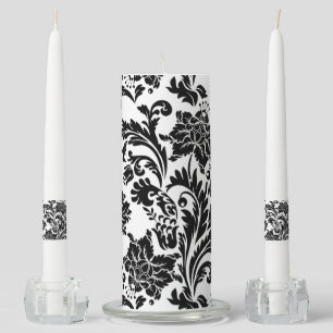 Black and white damask pattern pillar candle