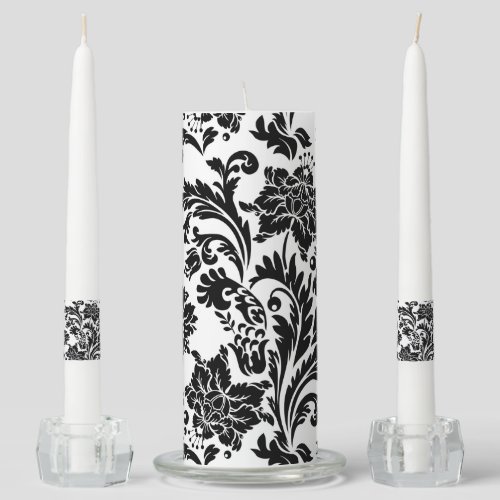 Black and white damask pattern pillar candle 