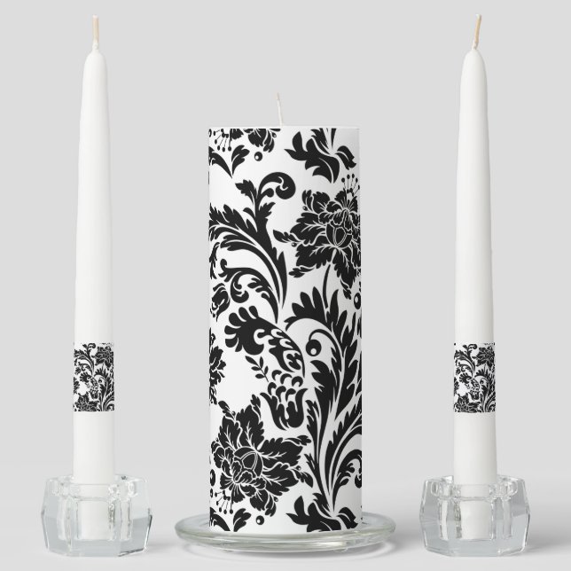 Black and white damask pattern pillar candle  (Front)