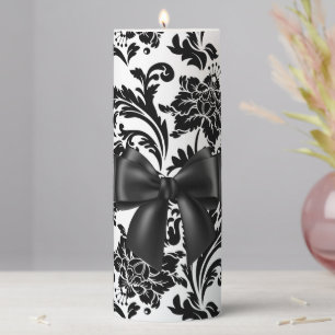 Black and white damask pattern pillar candle