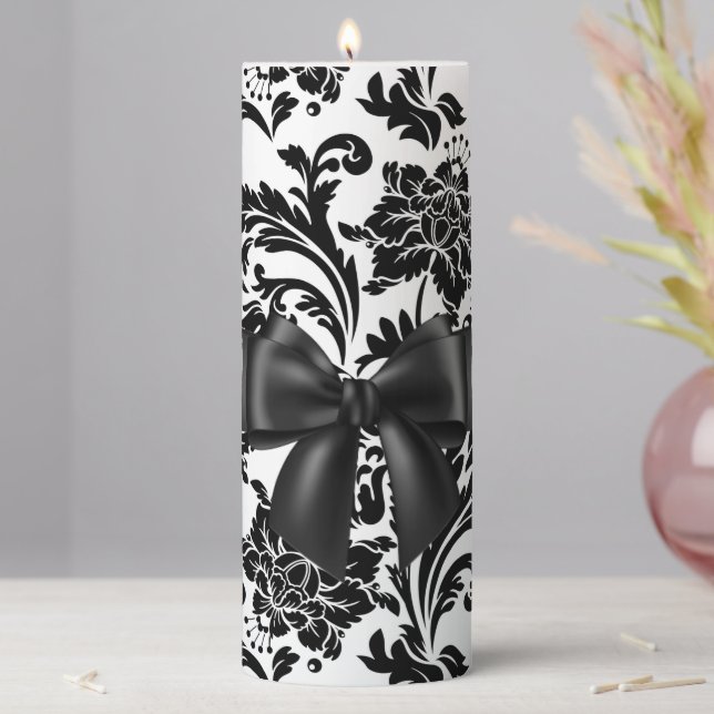 Black and white damask pattern pillar candle  (In Situ)