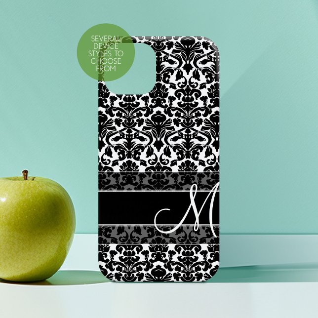 Black and White Damask Pattern Script Monogram Case-Mate iPhone Case (Personalized Phone Case with Custom Monogram)