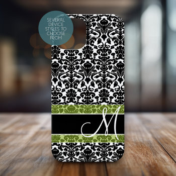 Black And White Damask Pattern With Monogram Iphone 13 Mini Case by icases at Zazzle