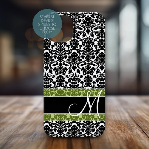 Black and White Damask Pattern with Monogram iPhone 13 Mini Case